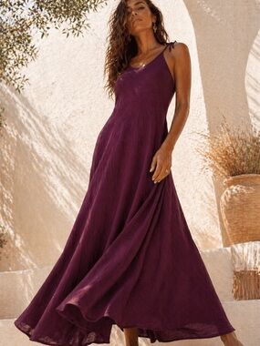 Boho Maxi Dress L/XL Organic Viscose Cotton Burgundy Tie Strap Flowy Relaxed Fit